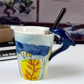 Cute Cartoon Animal Ceramic Cup Set (Option: Dolphin Capping Plus Spoon-301to400ml)